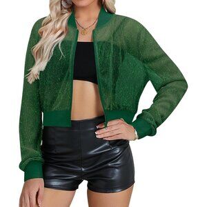 Womens Green Sheer Mesh Sparkly Crop Bomber Jacket Glitter Rave Outfit
